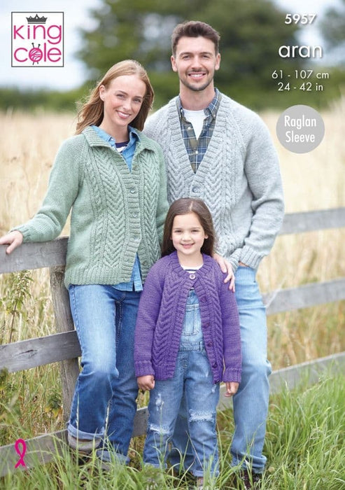 Knitting Pattern Family Round Neck & V-Neck Cardigans in King Cole Wool Aran 5957
