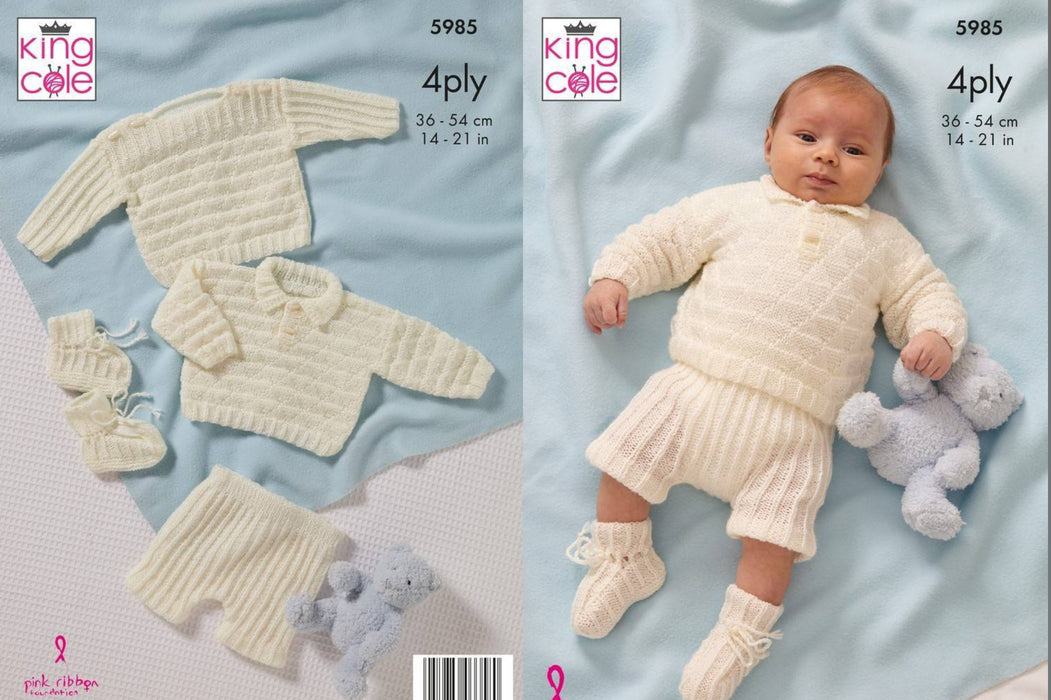 Knitting Pattern Baby Sweaters, Pants & Booties in King Cole Cherished 4 Ply 5985