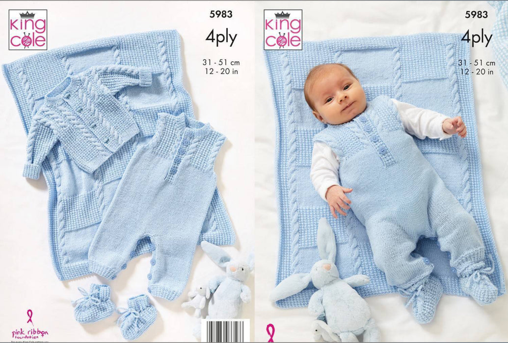 Knitting Pattern Baby Jacket, Dungarees, Booties & Blanket in King Cole Cherished 4 Ply 5983