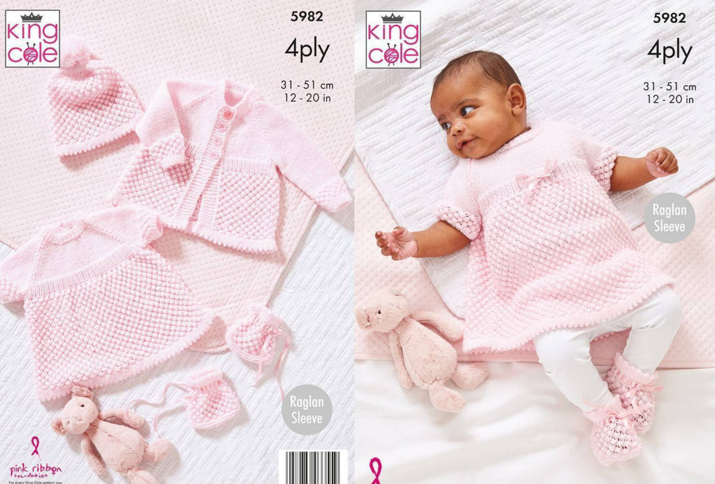 Knitting Pattern Baby Matinee Coat, Angel Top, Hat & Booties in King Cole Cherished 4 Ply 5982