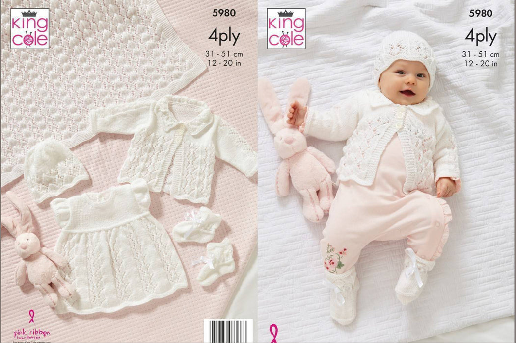 Knitting Pattern Baby Shawl, Matinee Coat, Dress, Hat & Bootees in King Cole Cherished 4 ply 5980