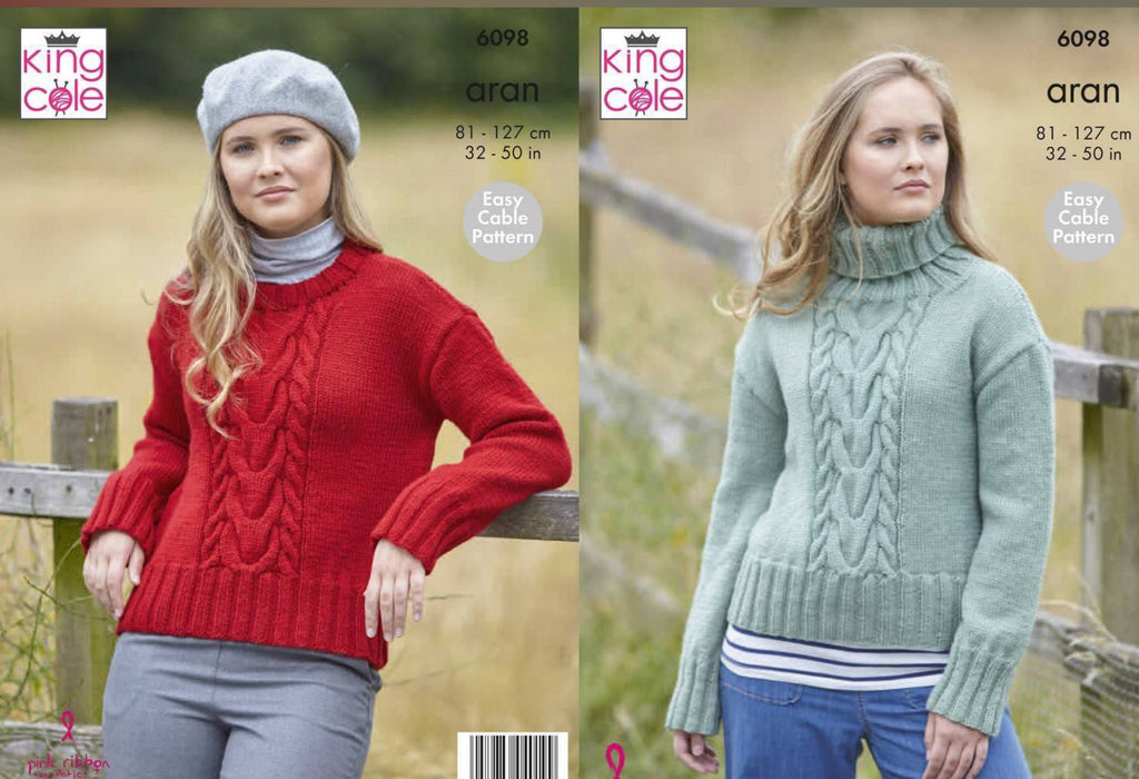 Knitting Pattern Ladies Cable Sweaters in King Cole Fashion Aran 6098