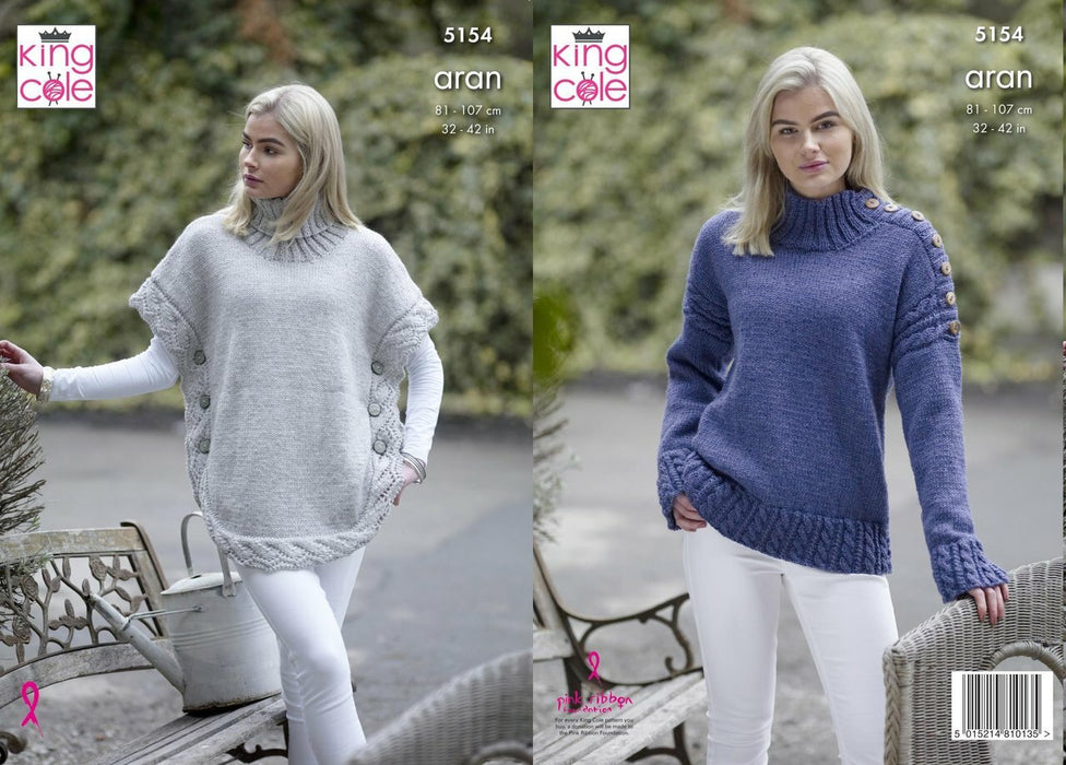 Knitting Pattern Ladies Poncho & Sweater in King Cole Fashion Aran 5154