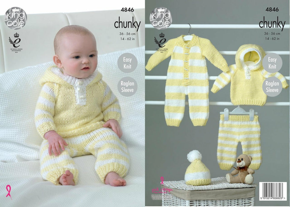 Knitting Pattern Baby All-In-One, Hoody, Pant & Hat in King Cole Big Value Baby Chunky 4846