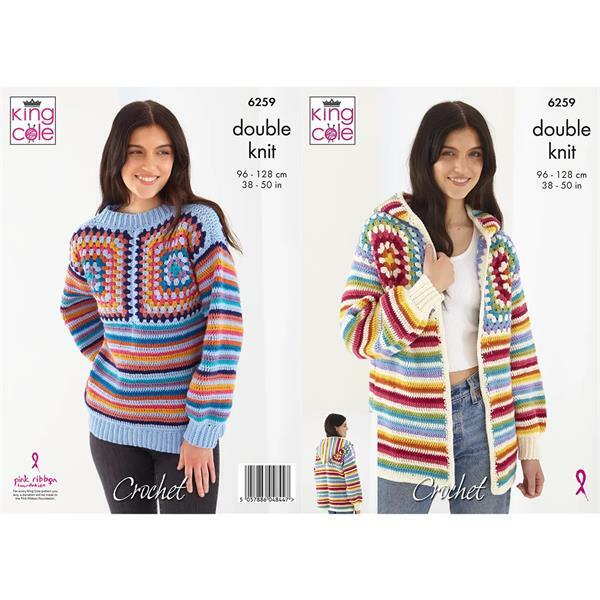 Crochet Pattern Granny Square Jumper & Hoody in King Cole Merino Blend DK 6259