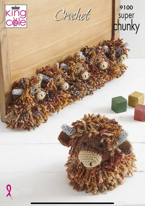 Crochet Pattern Highland Cow Doorstop & Draught Excluder in King Cole Explorer Super Chunky 9100