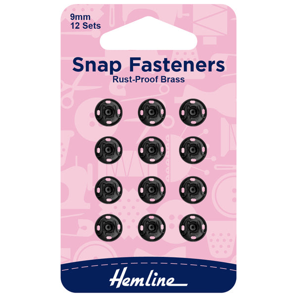 Hemline Snap Fasteners Sew-On 9mm Black Pack of 12 - H421.9