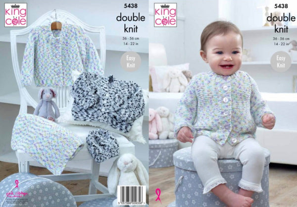 Knitting Pattern Baby Cardigan Hat & Blanket King Cole Cherish Dash DK - 5438