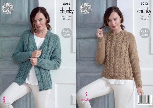 Knitting Pattern - King Cole Chunky Tweed  - Ladies Cardigan and Sweater - 5012