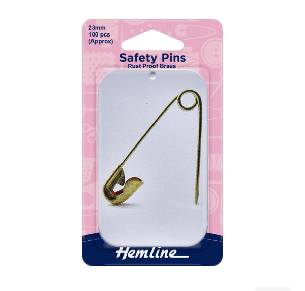 Hemline Brass Safety Pins In Storage Tin 23mm 100 Pieces - H419.PT