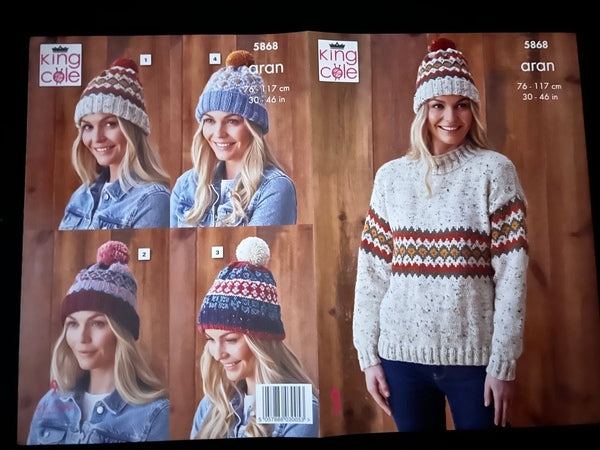 Knitting Pattern Ladies Jumper and Hat King Cole Fashion Aran - 5868