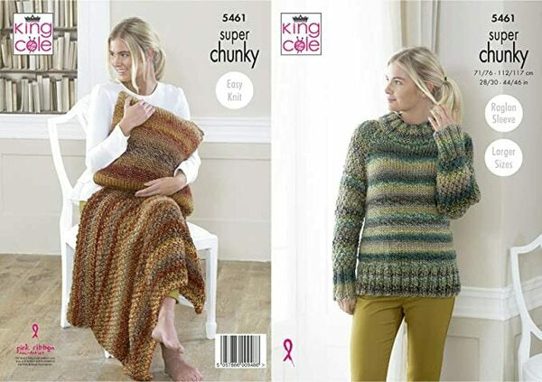 Knitting Pattern - King Cole Explorer Super Chunky - Ladies Sweater, Lap Blanket and Cushion - 5461