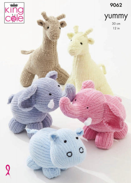 Knitting Pattern King Cole Yummy Toys Elephant Giraffe Hippo - 9062