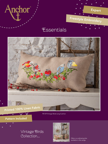 Anchor Essentials Vintage Birds Long Cushion Embroidery Kit - PE139
