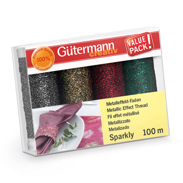 Gutermann Sparkly Metallic  Thread Set - 4 x 100m Red, Green, Gold & Silver