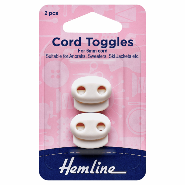 Hemline Cord Toggles White 6mm Pack of 2 - H459.2.W