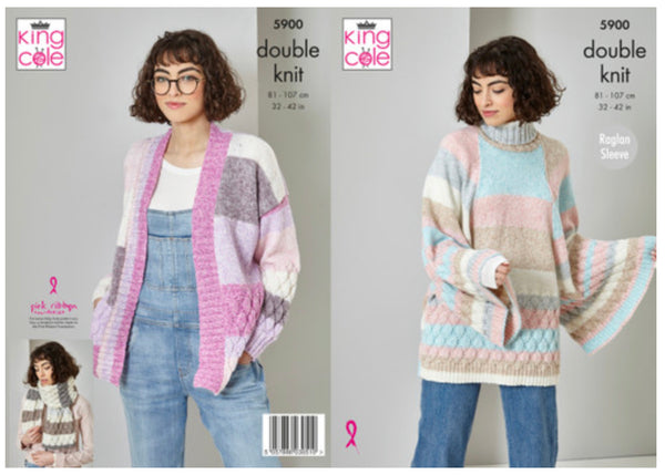 Knitting Pattern Ladies Sweater, Cardigan & Scarf King Cole Harvest DK - 5900