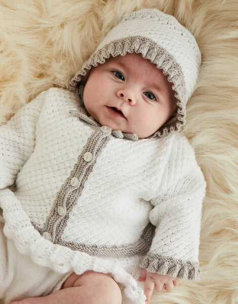Knitting Pattern Sirdar Baby Ruffle Cardigan & Bonnet In Snuggly 3 Ply - 5518