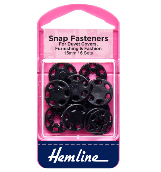 Hemline Snap Fasteners Sew-On 15mm Black Plastic - H424.B