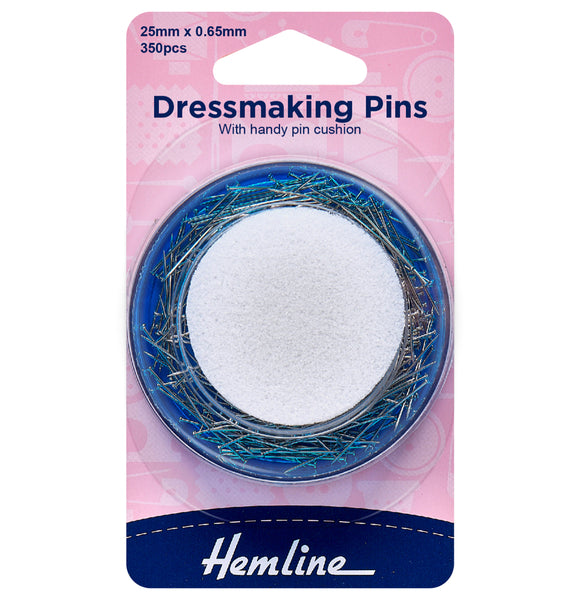 Hemline Dressmaking Pins & Foam Pin Cushion 25mm 350 Pcs - H704