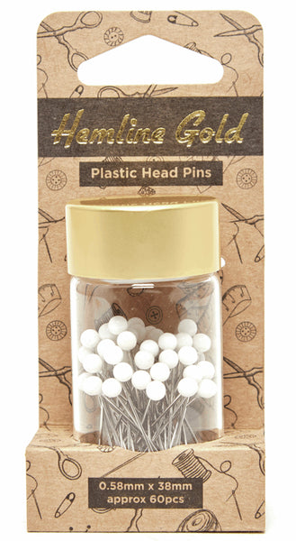 Hemline Gold Plastic Head Pins (White) 0.58mm x 38mm approx 60 pcs - 678.WH.HG