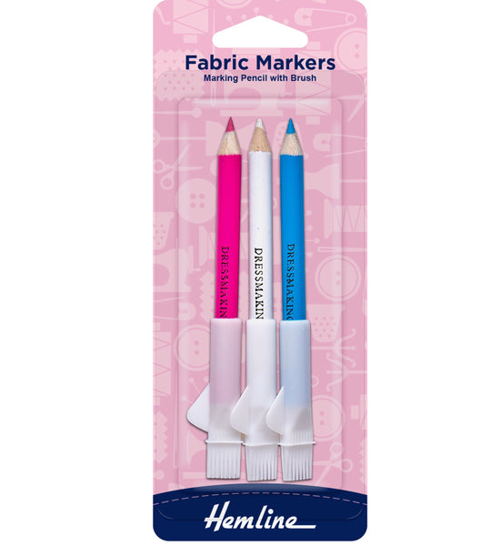 Hemline Fabric Markers Set of 3 Pencils with Brush - H294.C