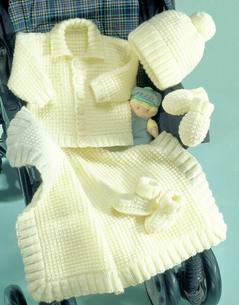Knitting Pattern Baby Cardigan Blanket Hat Bootees Set Sirdar Snuggly DK - 3108