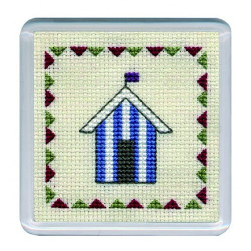 Textile Heritage Coaster Cross Stitch Kit - Beach Huts - Blue Stripe COBHB