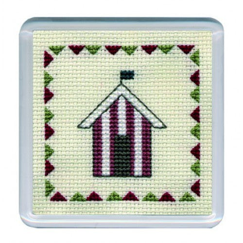 Textile Heritage Coaster Cross Stitch Kit - Beach Huts - Red Stripe COBHR