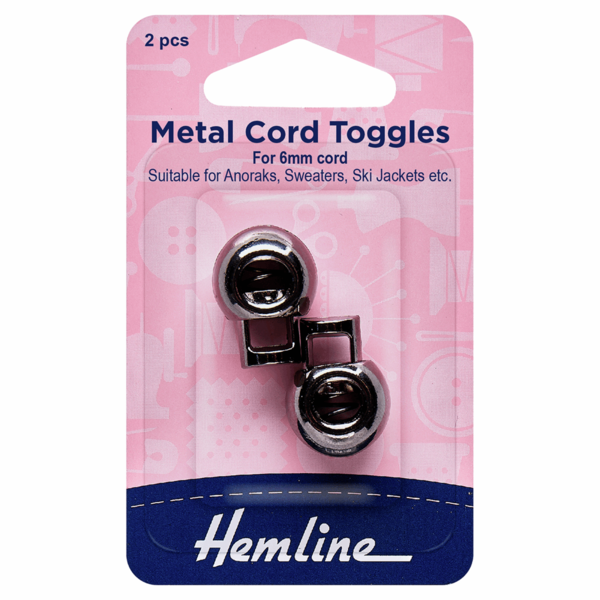 Hemline Cord Toggles 6mm Metal Pack of 2 - H459.BK