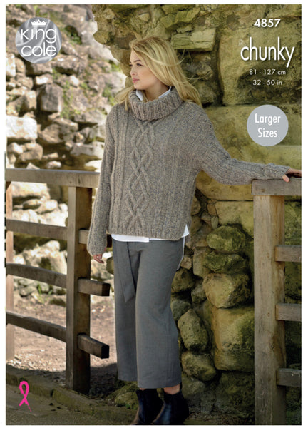 Knitting Pattern - Ladies Round Neck and Cowl Neck Sweater - King cole Indulge chunky 4857
