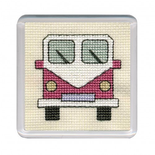 Textile Heritage Coaster Cross Stitch Kit - Campervans - Pink COCVP