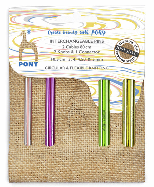 Pony Colour Circular Interchangeable Knitting Needles - 4 Pairs in Jute Case - Assorted Sizes 61068