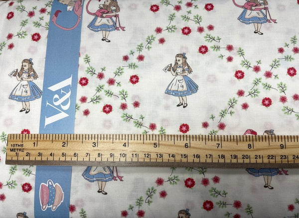 Alice in Wonderland V&A Cotton Fabric - Alice floral White - 0.5 Metre