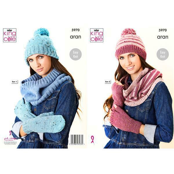 Knitting Pattern - Ladies Accessories Hat Snood Gloves & Scarf - King Cole Fashion Aran - 5970