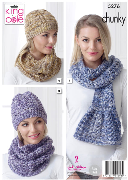 knitting Pattern - Ladies Scarf Wrap Cowl and Hat - King Cole Big Value Tonal Chunky - 5276