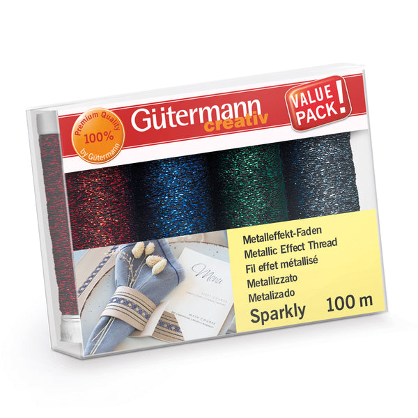Gutermann Sparkly Metallic Thread Set - 4 x 100m Red, Blue, Green & Midnight