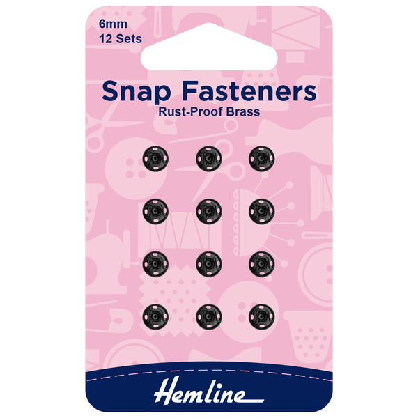 Snap Fasteners Sew-on Black 6mm Pack of 12 - H421.6