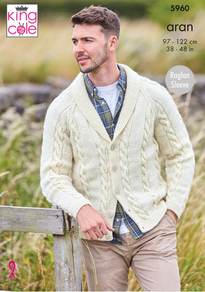 Knitting Pattern - King Cole Wool Aran - Mens V Neck Cardigan & Shawl Collared Cardigan - 5960