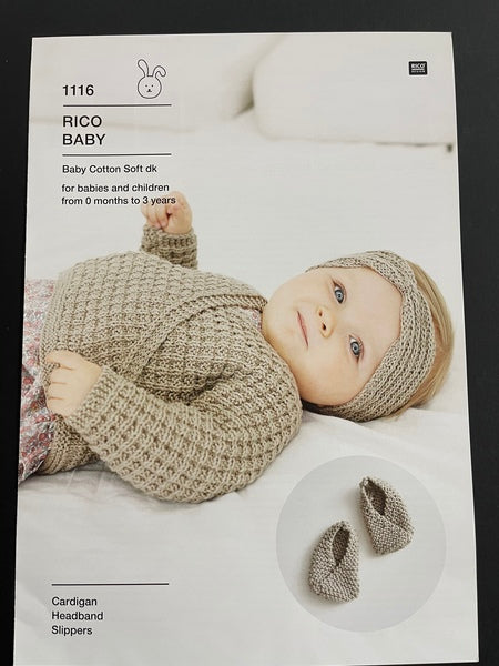 Knitting Pattern - Rico Baby Cotton Soft Dk - Baby Cardigan, Headband & Slippers 1116