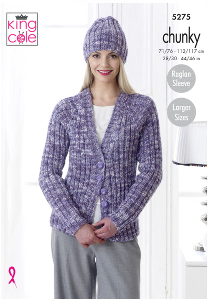 Knitting Pattern - Ladies Cardigan Sweater & Hat - King Cole Big Value Chunky - 5275