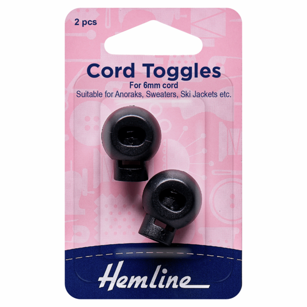 Hemline Cord Toggles Black 6mm Pack of 2 - H459.B